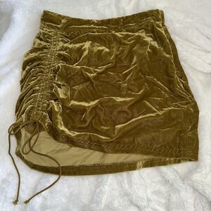 Free People‎ Mini Skirt S Yellow Gold Velvet Ruched Mini Lined Pull On Boho Chic